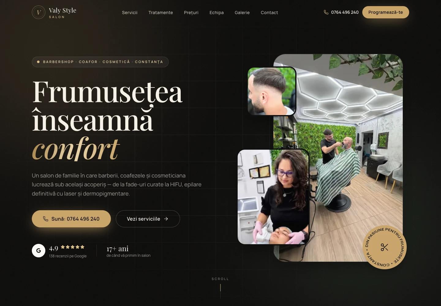 Pagina principală a site-ului Valy Style Salon, văzută pe desktop.